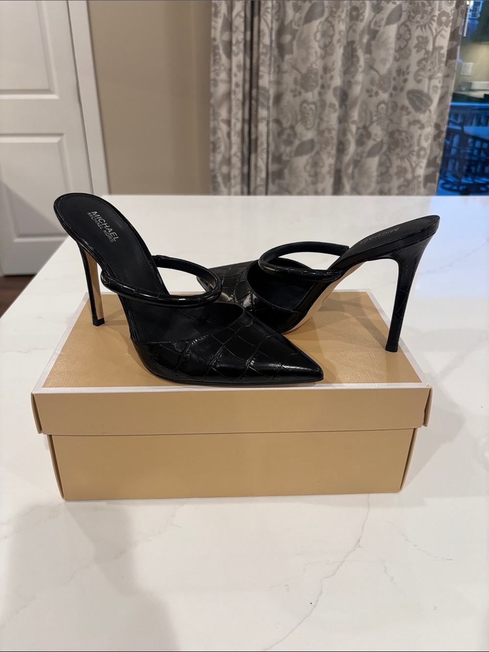 Michael Kors Black Croc-Embossed Pointed Stiletto Mule Heels